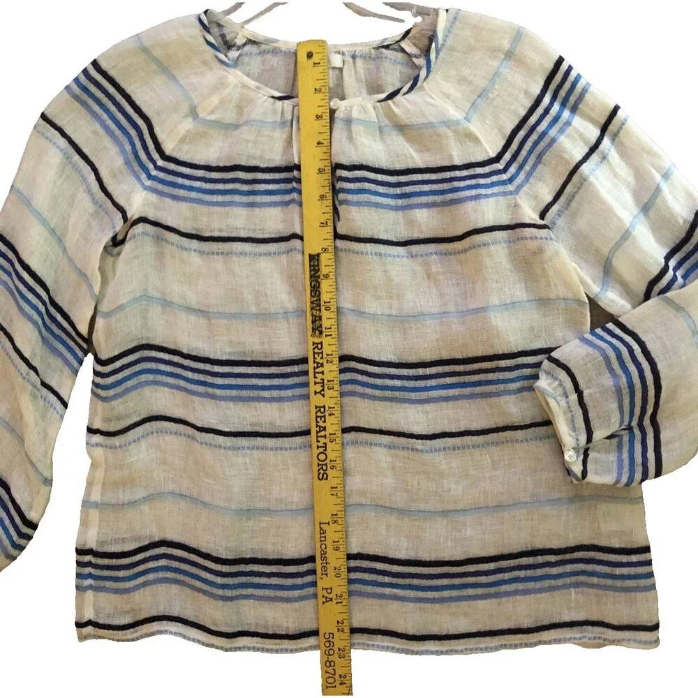 J Crew 100% Linen Peasant Blouse Womens Sz S Sheer Indigo Striped Coastal Beach